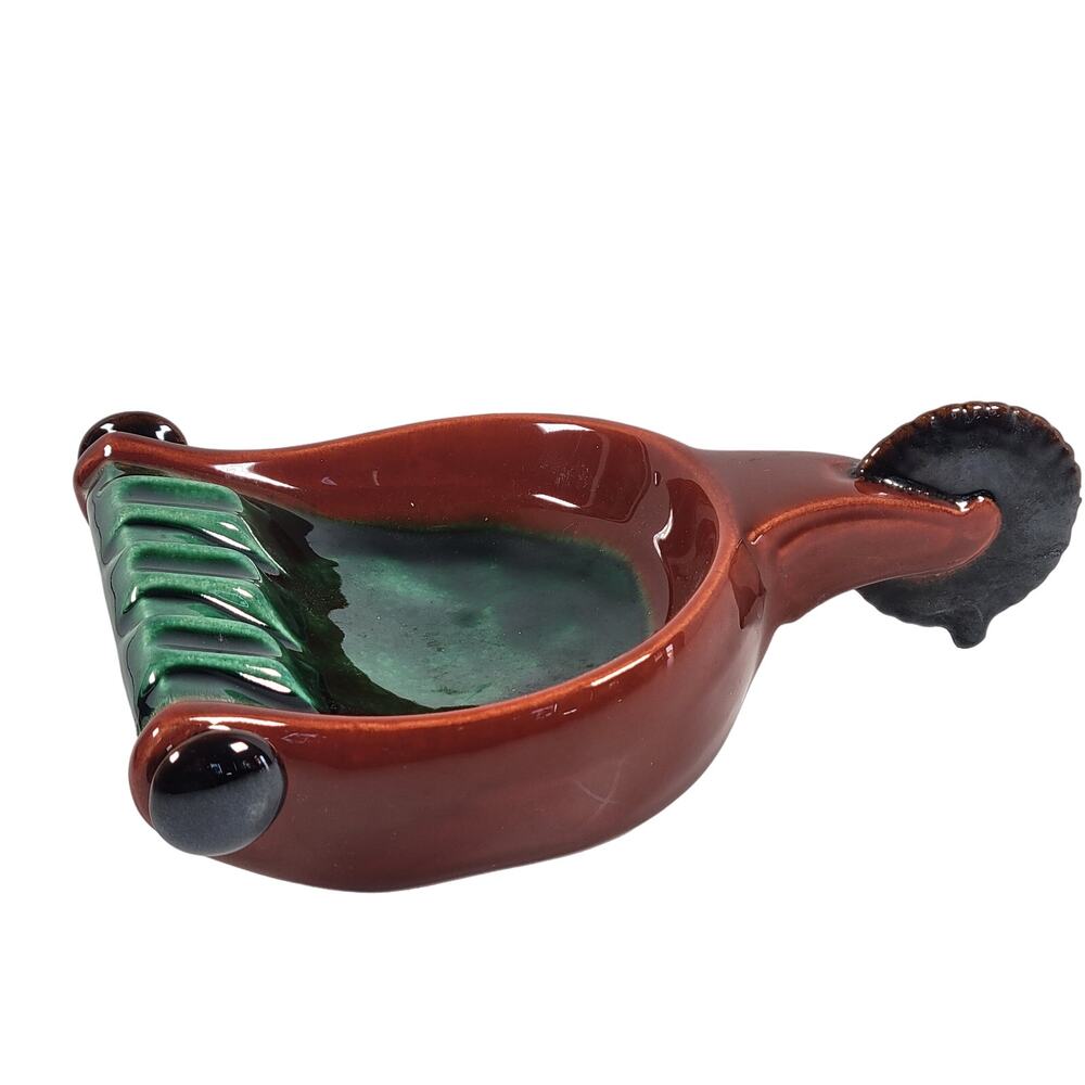 Vintage Green and Brown Spur Ashtray with Handle, Mid-Century Modern Farmhouse